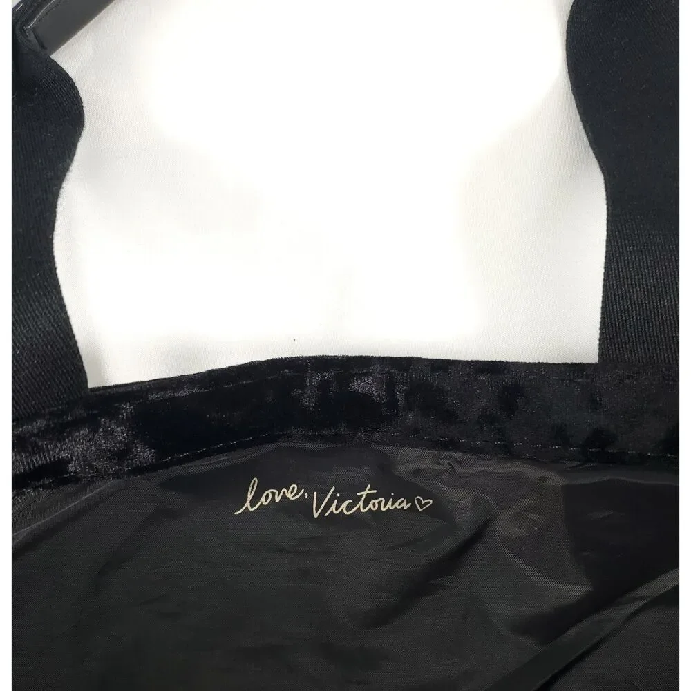 Women's Victoria's Secret Tote Bag Black Quilted Velvet Medium Shoulder Straps‎